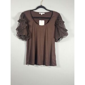 NWT DR2 Womens Expresso Brown Lace Puff Sleeve Short Sleeve Top Boho Chic‎ Large